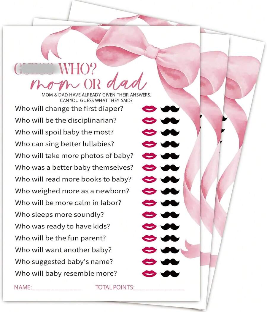 Baby Shower Games Who S Who Pink Bow Design 25 Cards Gender Reveal Party Fun - Who Mom Or Dad - View 1