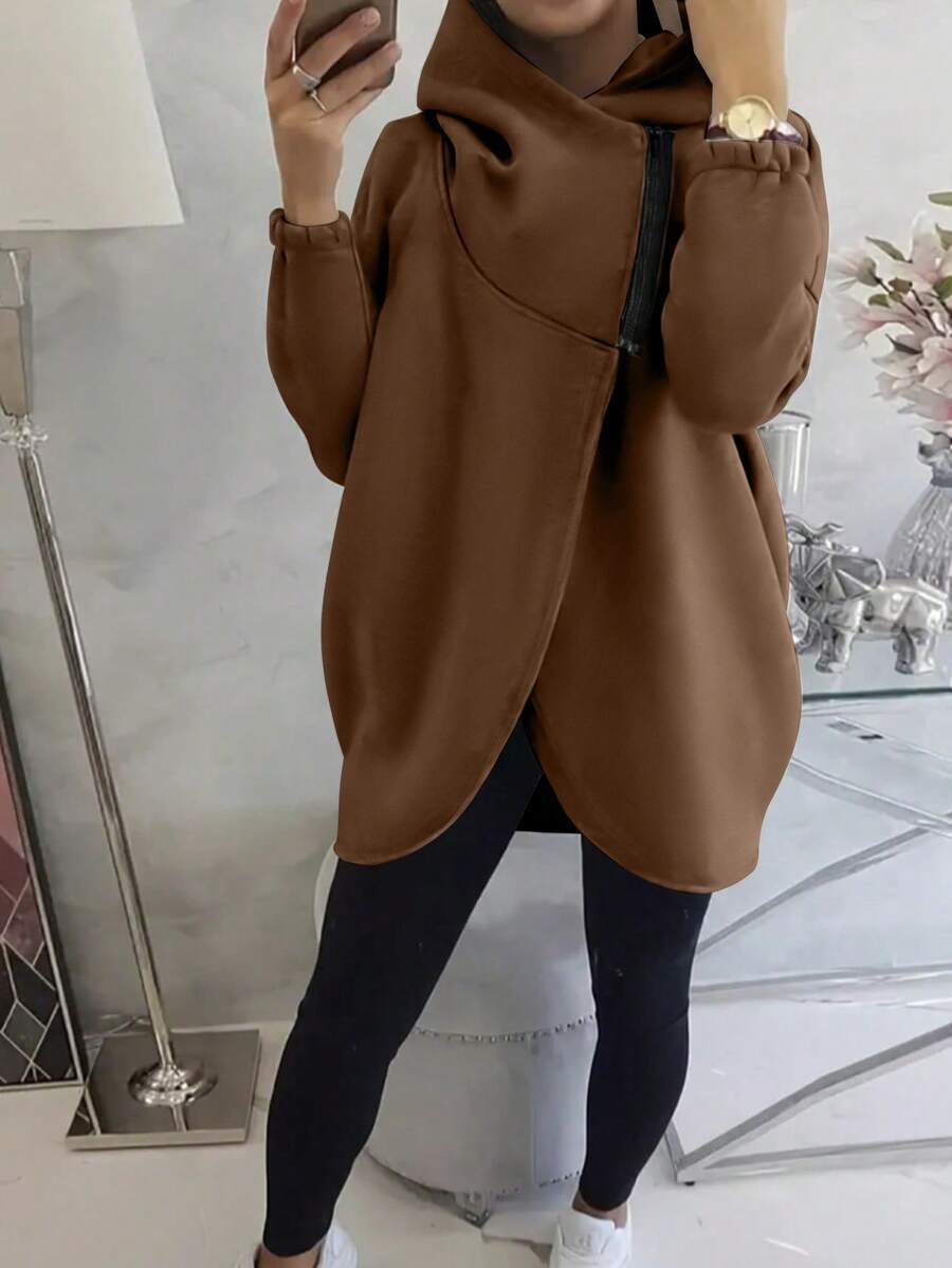 Women's Casual Elegant Sweatshirt, Solid Color With Zipper And Tulip Hem, Suitable For Autumn - Coffee Brown - View 1