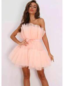2026 Wish Strapless Mesh Elegant Bow Puffy Dress - Berwarna merah muda - View 1