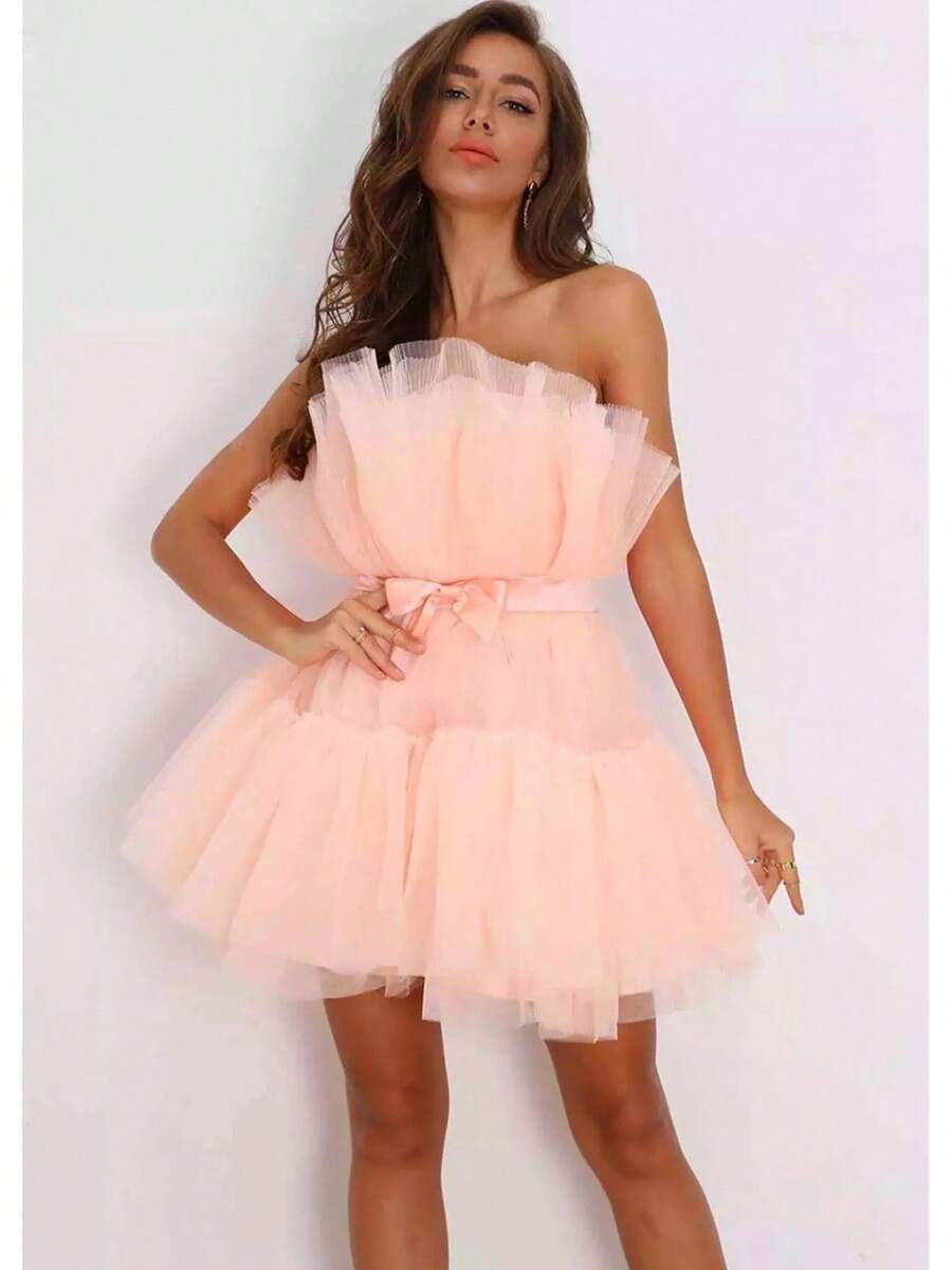 2026 Wish Strapless Mesh Elegant Bow Puffy Dress - Berwarna merah muda - View 1