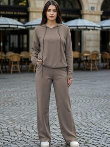 Conjunto De Doble Pieza Con Diseño Minimalista Relajado Versátil Y Corte Amplio Cómodo Con Ajuste Suelto Moderno Para Mujer - Beige Rayas - Ver 3