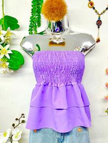 T110 Cropped Blouse With Elastic And Ruffle - 淡紫色 - 查看 4
