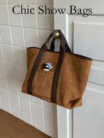 女士复古麂皮大容量托特包，简约设计，秋冬款