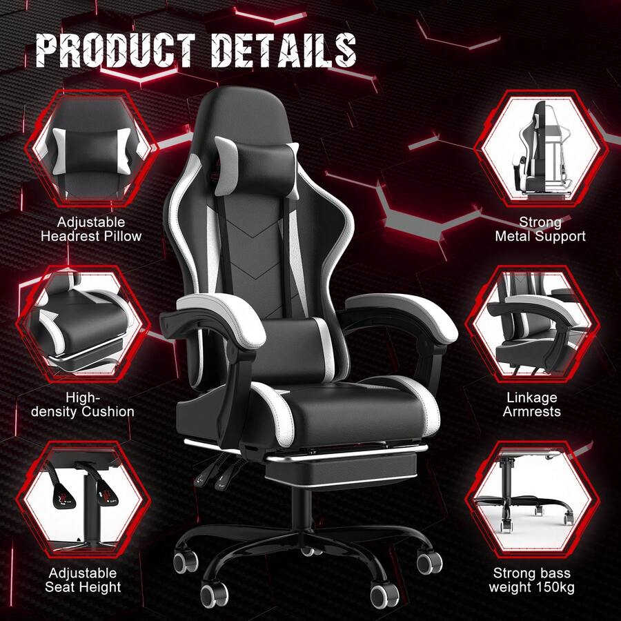 DEVOKO Gaming Chair Computer Chair Ergonomic Gaming Chair With Footrest Office Chair Ergonomic Computer Chair With Lumbar Support - White - View 1