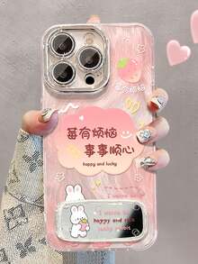 1pc Cute Rabbit Text Mirror Phone Case Compatible With Apple 11/12/13/14/15/16/17 Pro Max - Pink - View 2