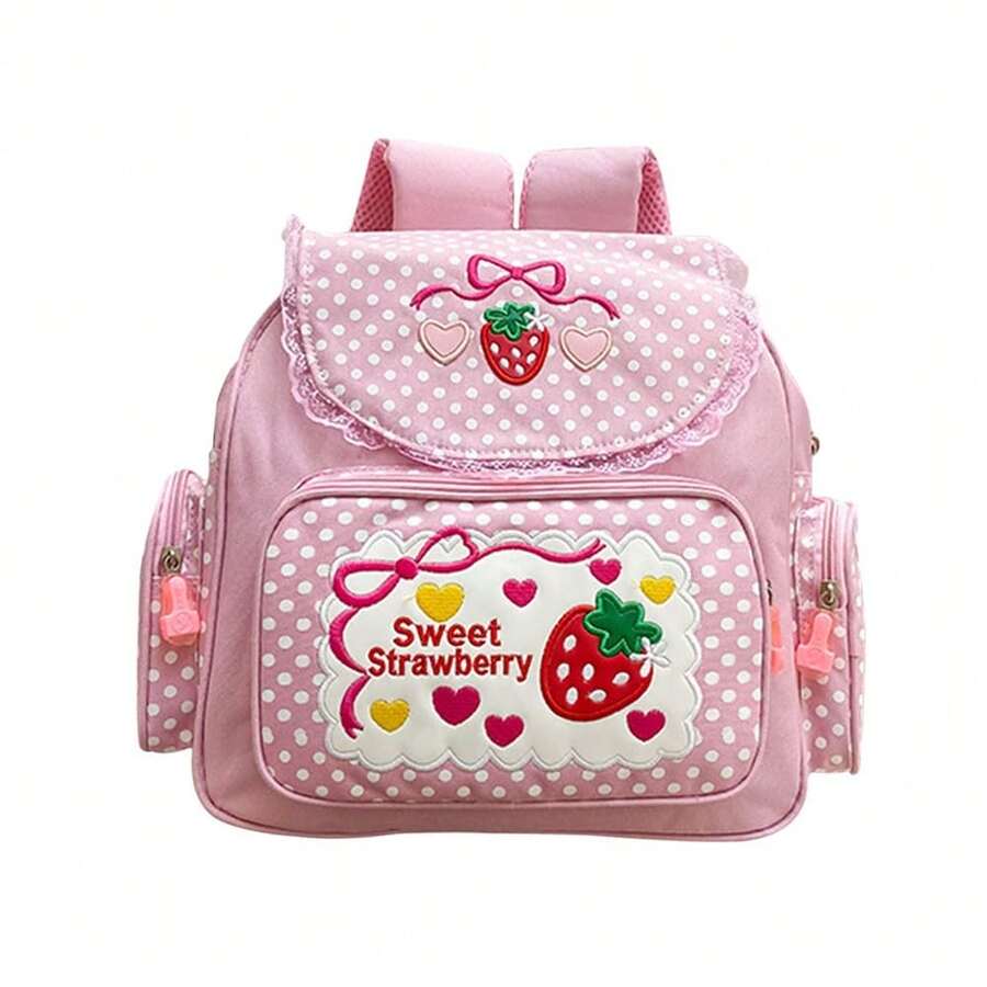 Kawaii Strawberry Embroidery Backpack For Girls Cute Pink Lace JK Strawberry Backpack Teens Students Embroideried School Bag Bookbag Satchel - Hồng - Xem 1