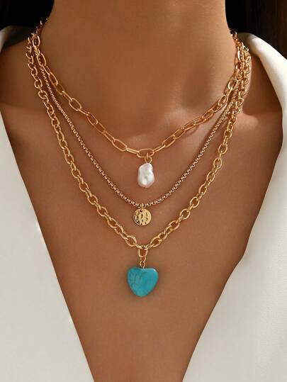 3 st/set vintage turkos hjärthänge, barock pärlhalsband med hänge, lämplig för kvinnors vardagskläder, dekoration, högtidsfest, musikfestival, handgjord justerbar längd