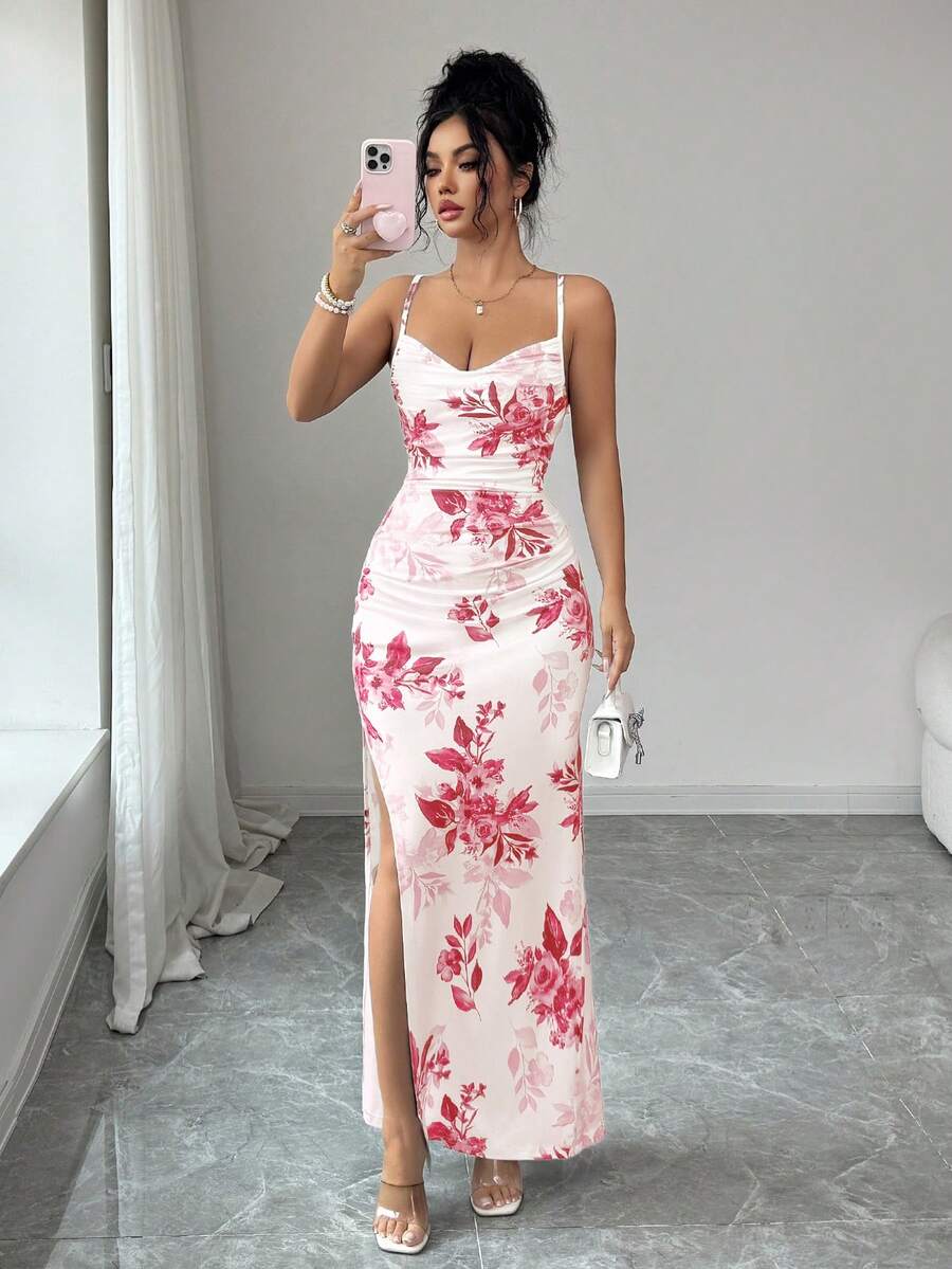 Đầm hai dây phong cách Bohemian của Lili House dành cho nữ, đầm mùa hè in họa tiết lá cây, đầm hở lưng xẻ tà gợi cảm, đầm đi biển thanh lịch, đầm xẻ cao hở lưng, trang phục dự tiệc cho nữ trong những dịp đặc biệt