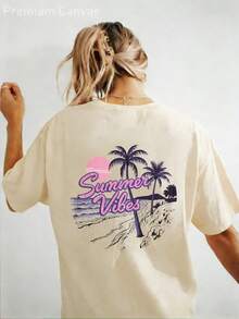 Camiseta de Mujer Estilo Bohemio - Camiseta Impresa% Algodón Suave y Cómoda, Cola de Caballo Dorada Clara con Estampado de Sol y Palmera, Estilo de Calle de Vacaciones de Playa de Verano, Cuello Redondo y Manga Corta, Regalo Perfecto para Mujeres - Albaricoque - Ver 3