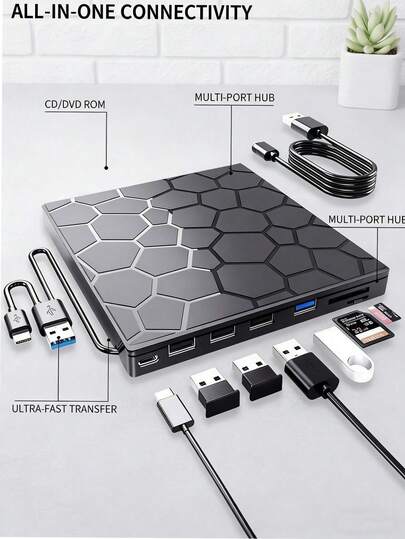 8-In-1 External CD/DVD Burner, USB 3.0 And Type-C Dual Interface, Ultra-Slim Portable, 8X Read/Write Speed, Plug And Play No Driver Required, Compatible With Laptop/Desktop/Windows 11/10/8/7/Linux, Supports CD/VCD/DVD Data Backup And Video Playback, Error Correction Function, External Optical Drive