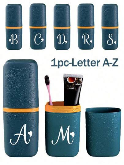 White Love Art Letters A-Z Blue Portable Toothbrush Case, Keep Your Toothbrush Clean And On The Go!Travel Toothbrush Holder, Portable Toothbrush Cup Cover, Suitable For Travel, Camping, Business Travel, And School, Multi-Purpose Toothbrush Cup