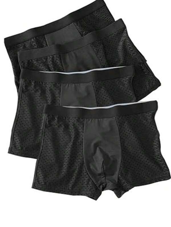 4pcs Men's Mesh Net See-Through Solid Color Briefs, Casual Breathable Shorts Underwear