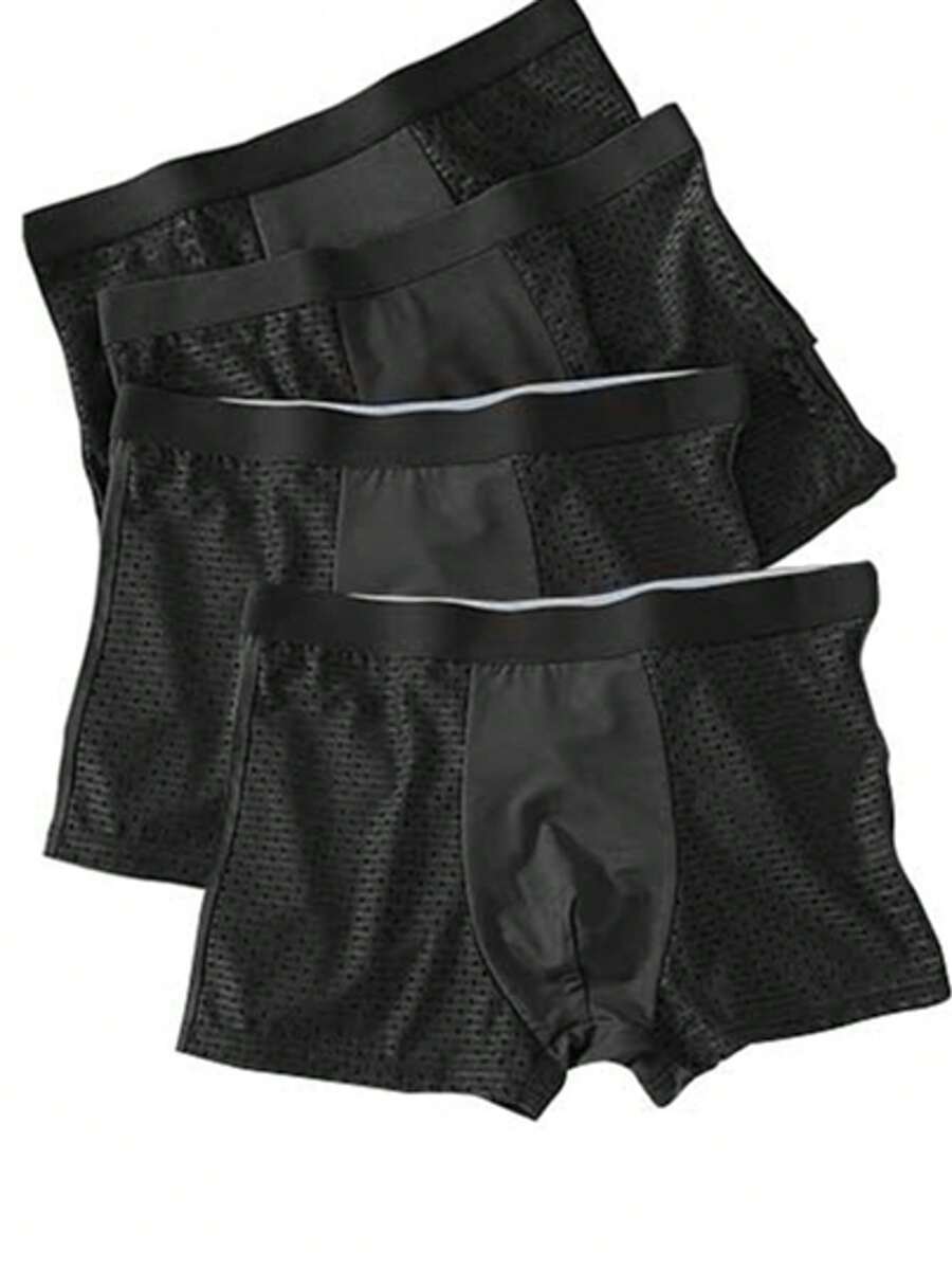 4pcs Men's Mesh Net See-Through Solid Color Briefs, Casual Breathable Shorts Underwear - Black - View 1