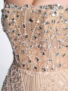 Đầm dạ hội Anymoon sang trọng mạ vàng, chất liệu ren, đính sequin và đá quý, không dây vai, kiểu corset hở lưng, thắt nơ, dáng đuôi cá, phù hợp cho các dịp trang trọng, dự tiệc cưới, dạ hội, lễ tốt nghiệp, thảm đỏ, lễ trưởng thành, tiệc gala. - Rượu sâm banh - Xem 9