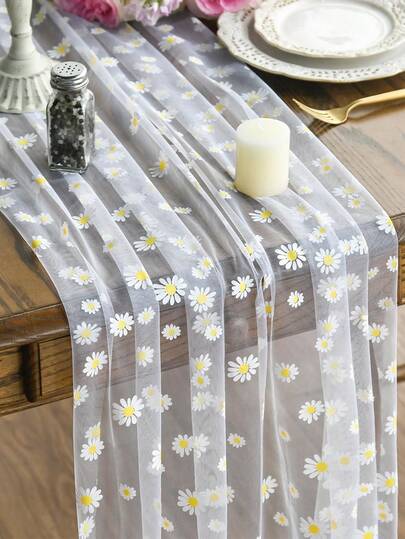 白色雏菊装饰雪纺面料，适用于摄影背景、桌旗、白色雏菊背景桌布、婚礼白色雏菊雪纺桌布、婚礼拱门装饰、婚宴、新娘送礼会礼物、派对装饰