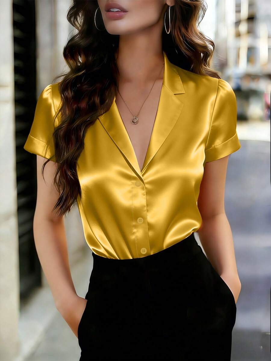 Áo kiểu nữ tay dài màu vàng đồng, chất liệu polyester, có cổ và cài cúc phía trước. - Vàng - Xem 1