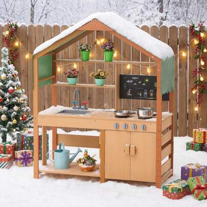 Mud Kitchen For Kids, Wooden Toy Play Kitchen Set With Accessories, Outdoor Toddler Grocery Store Playset, Pretend Play Kitchen With Stoves, Planter Boxes, Sink, Faucet, Blackboard, Cookware Pot