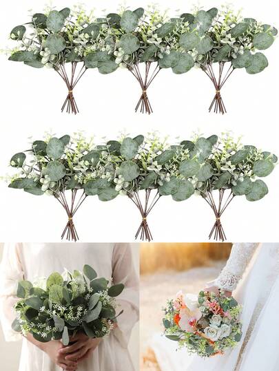 6pcs Artificial Green Eucalyptus Leaves, Lifelike Green Plants, Suitable For Home, Wedding Vase Centerpiece, Floral Bouquet Decoration