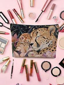 1pc Cosmetic Pouch, Embroidery Style Makeup Case, Cheetah Family Surrounded By Lilies Zipper Travel Toiletry Organizer, Gift Bag For Women, Sister, Best Friend, Birthday Present, Large Capacity Makeup Bag With Zipper Closure Make Up Organizer Toiletry Travel Bag - Multicolor - View 2