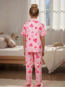 Bộ đồ ngủ 2 món cho bé gái, áo tay ngắn cài cúc phía trước và quần in hình trái tim, đồ ngủ mặc nhà mềm mại, thoáng khí. - Hồng - Xem 4