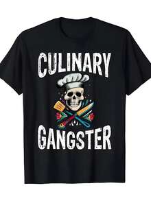 Herren Schädel und kulinarisches Gang Muster-Shirt - Schwarz-weißKüchen--Shirt mit Kochmütze und Design, lockeres atmungsaktives Kurzarmshirt, geeignet für Köche, Grillbegeisterte, Feinschmecker - Ganzjahres-Kochbekleidung, Geburtstags-/Halloween-/Vatertagsgeschenkidee - Schwarz - Übersicht 6