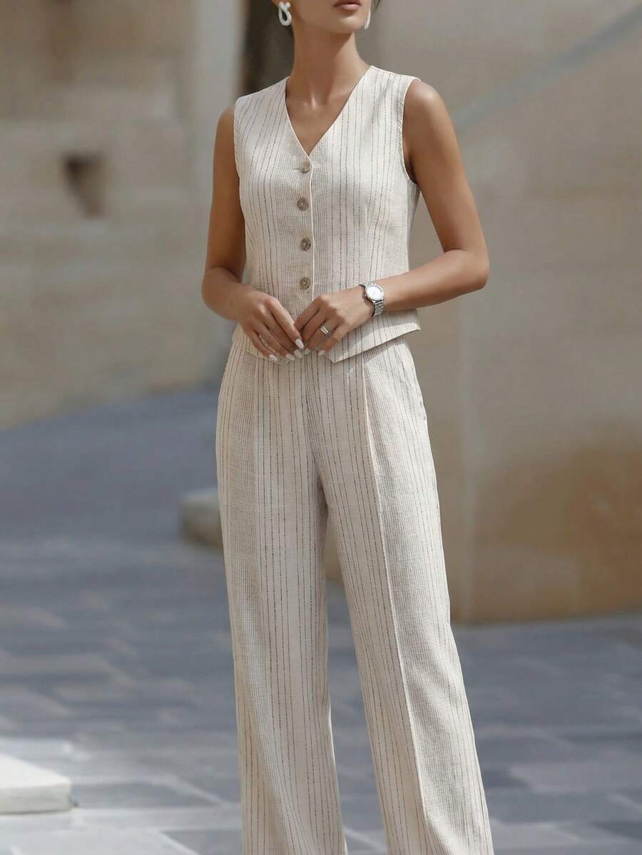 2pcs/Set Women's Business Casual Vest + Straight Leg Pants Suit, Commuting, Daily Wear, Casual Gathering Outfit, Solid Color Casual Front Button Vest And Pants Set, Office, Daily, Street, Airport, Spring/Summer - Apricot - View 1