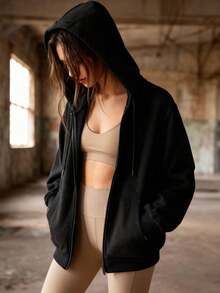Women's Hooded Zipper Sweatshirt, Short Solid Color Sweatshirt Suitable For Fitness, Outdoor Sports And Casual Street Style, Spring/Summer - Black - View 5