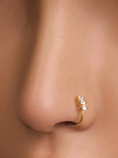 1pc S925 Sterling Silver 18g Three-Rhinestone Nose Ring, Gold Nose Ornament, Mini And Simple Pierced Nose Ornament, And Pierced Jewelry, Suitable For Everyday Wear.
