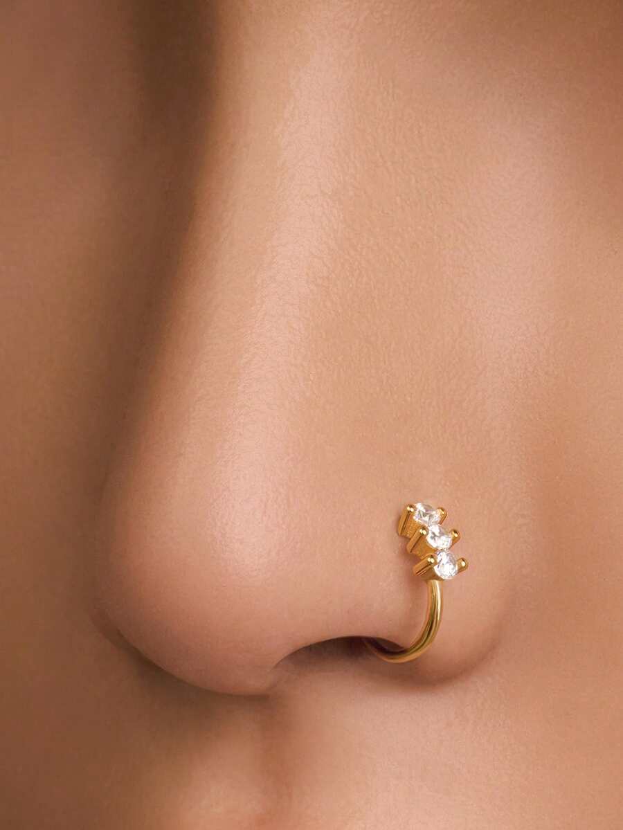 1pc S925 Sterling Silver 18g Three-Rhinestone Nose Ring, Gold Nose Ornament, Mini And Simple Pierced Nose Ornament, And Pierced Jewelry, Suitable For Everyday Wear. - Multicolor - View 1