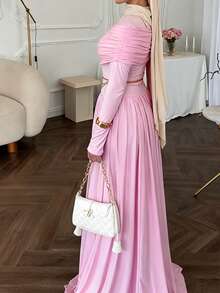Solessence Đầm nữ màu trơn dệt kim xếp ly cổ choàng hai lớp dáng chữ A eo thon gợi cảm thanh lịch thời trang Ả Rập màu hồng mùa xuân - Hồng - Xem 7