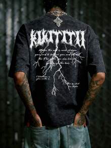 Krometka Men's Casual Versatile English Slogan & Script Letter Print Vintage Washed Short Sleeve T-Shirt, Spring/Summer - Black - View 7