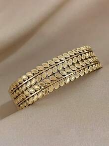 Camhanno 1件优雅金色不锈钢大叶子镂空手链，男女皆宜的优雅日常派对配饰 - 彩色 - 查看 3