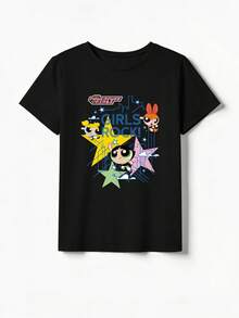 SHEIN X Powerpuff Girls 女士印花圆领上衣 - 舒适休闲风格，适合日常穿着 - 黑色 - 查看 2