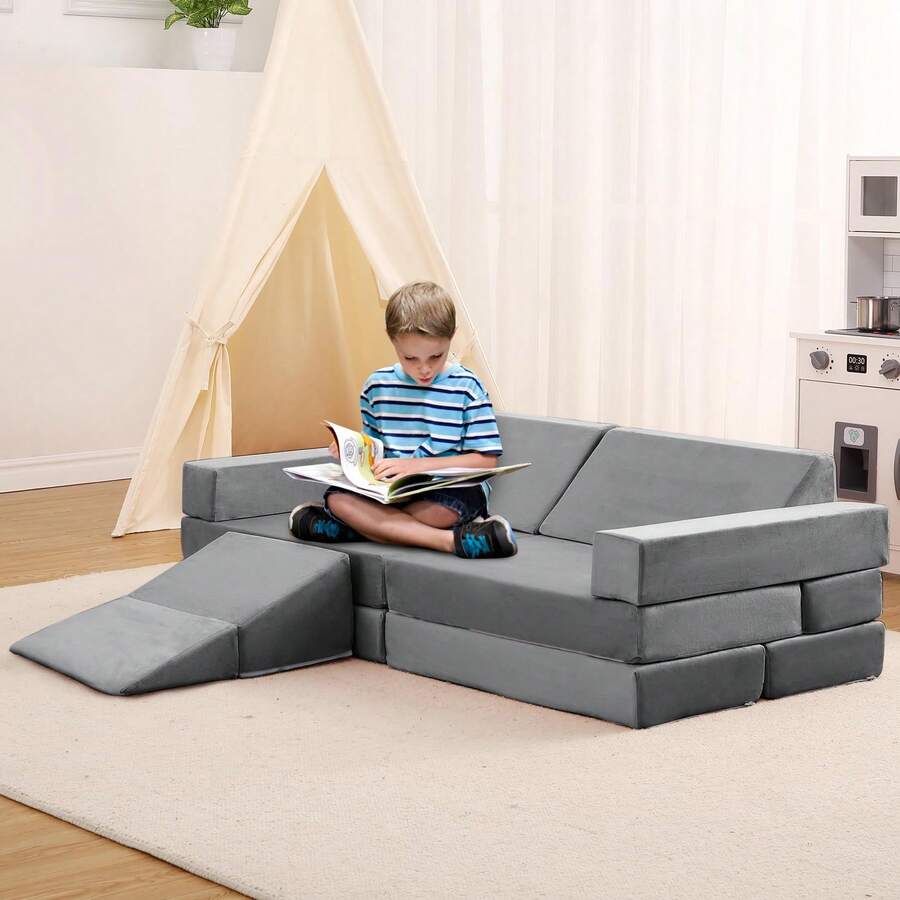 Sofá Infantil Modular de 12 Piezas con Piscina de Pelotas, Convertible para Niños y Niñas Creativos, Sofá de Juego Ideal para Sala de Juegos - Gris - Ver 1