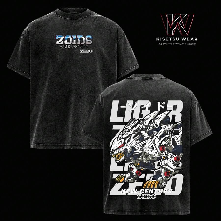 Liger Zero Zoids New Century Zero T-Shirt, Oversized Washed Vintage Anime Tee, Mecha Robot Graphic Shirt, Retro 90s Japanese Anime Streetwear - 黑色 - 查看 1