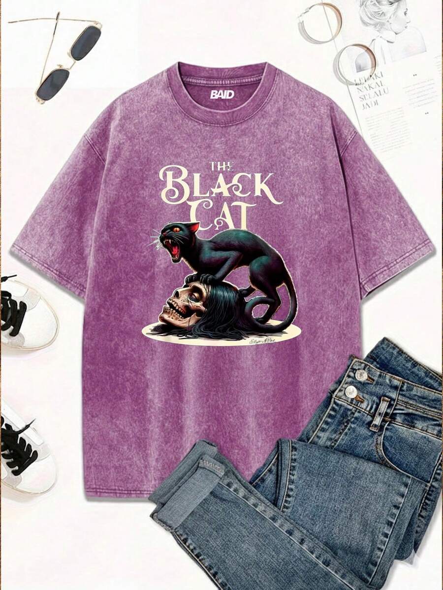 Stonewashed Streetwear Cat Dark Head Skull Emo Gothic Fans Street Fashion Urban Culture Unisex Men's Women's 100% Cotton Top Premium Streetwear New Release Immediate Shipping Various Colors!! - 紫色 - 查看 1