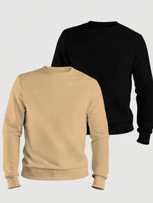 ZUKKER Kit Of 2 Men's Plain Crew Neck Sweatshirts, Flannel Lined Winter Jacket, Unisex Cotton, Immediate Shipping, Various Colors, Ribbed Cuffs - 黑色/米色 - 查看 1