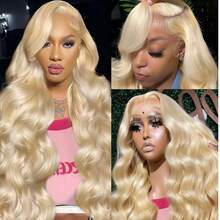 13*4 13x6HD 蕾丝闭合假发，直发，真人混纺发丝，34英寸 - 200%高密度，预先拔毛和修剪，无胶假发，漂白发结，佩戴即走，自然色，女士适用，无需胶水，即刻佩戴 - 613 - 查看 3