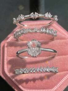 4pcs/Set Elegant Stackable Rings, Inlaid With Shiny Cubic Zirconia Teardrop And Rectangle Symbols, Representing Romance And Elegance, Suitable For Daily Wear, Also A Great Gift For Chinese New Year, No Gift Box - Silver - View 4