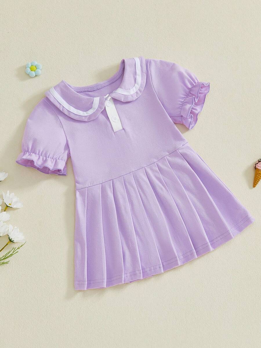 Toddler Baby Girl Summer Dress Half Button-Up Doll Collar Short Sleeve Pleated Dresses - Màu tím - Xem 1