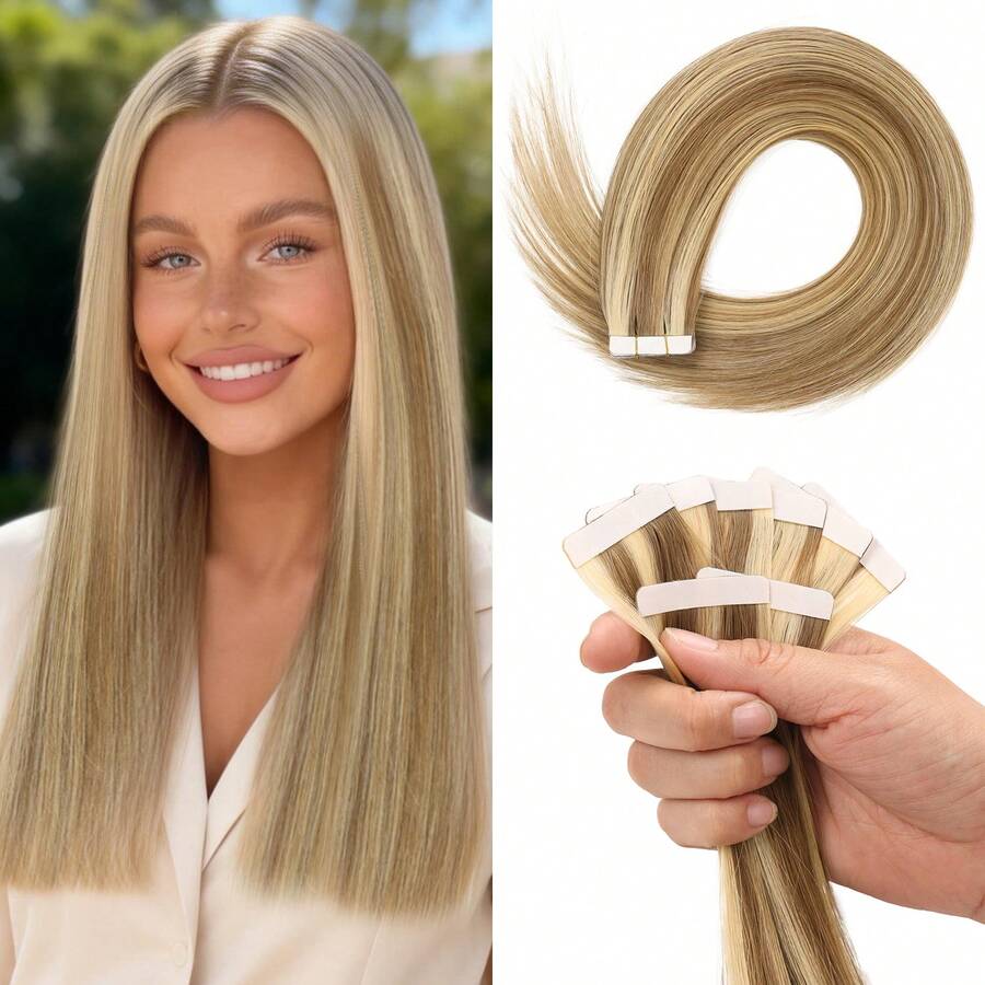 Women's Invisible PU Tape Hair Extensions - Straight, Suitable For All Hair Types, Deep Golden & Light Golden High Gloss, Seamless Natural Effect And Adds Volume, Durable Tape-In Hair Extensions