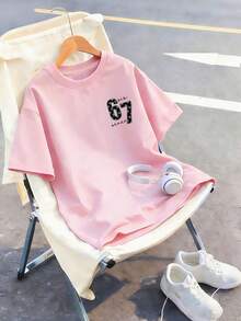 少女星元素六七67卡通印花T恤，时尚百搭休闲上衣，适合女孩日常休闲穿着 - 粉色 - 查看 6