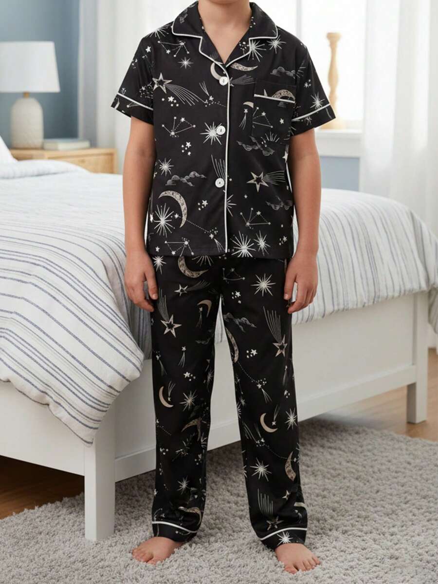 2pcs Boys Pajama Set, Short Sleeve Button-Up Shirt With Star & Moon Pattern And Long Pants, Sleepwear, Boys Constellation Pajama Set - Black - View 1