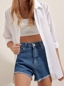 女士休闲黑色长款衬衫，翻领，卷边袖，纽扣前襟，涤纶面料，长款 - 白色 - 查看 2