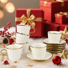 12-Pack Ceramic Espresso Cups Set With Gold Trim, 3.4oz Demi-Tasse & Saucers For Cappuccino, Latte, Macchiato & Turkish Coffee - Luxury Home Cafe Decor, Gift Set For Coffee Lovers & Entertaining - 白色 - 查看 5