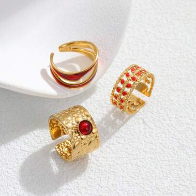 Set de 3 anillos abiertos de acero inoxidable con estilo vintage dorado, con decoración de gotas de aceite rojo, adecuado para uso diario de mujeres o como regalo