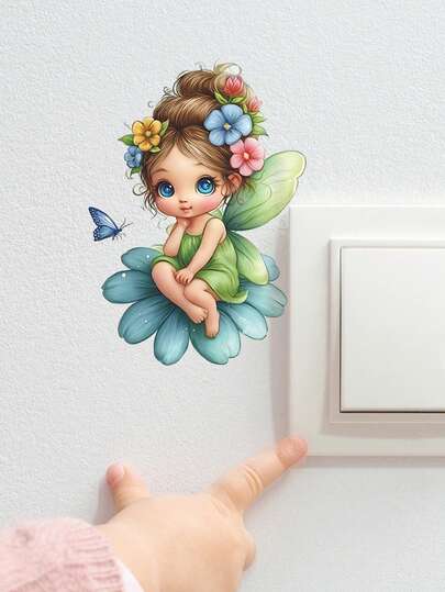 1pc Cute Cartoon Fairy, Flower & Butterfly Pattern Self-Adhesive PVC Wall Decor Switch Sticker For Kids Room