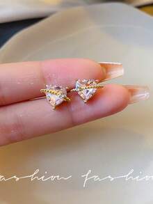 2副/對甜美時尚粉色蝴蝶結耳環 - 簡約設計,超閃耀心形耳骨釘 - 粉色 - 查看 9