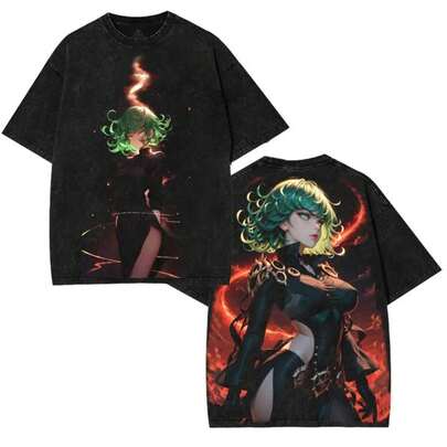 Camiseta gráfica extragrande de Flame Tatsumaki One Punch Man, vintage Y2K, doble impresión, lavado ácido, camiseta de algodón suave unisex, ropa de calle, top clásico de cuello redondo, película de manga, ropa de hombre, regalo para fans, merch de anime otaku, top casual
