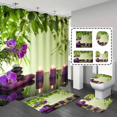 1pc/4pcs Bathroom Curtains Shower Set, Shower Curtain Set, Shower Curtains, Bathroom Decor, Bathroom Rug, Bath Mat, Botanical & Candle Pattern, Modern Minimalist Fresh Style, All Season Decor Theme, Classic Minimalist Luxury Bathroom Set, Comes With 12 Hooks